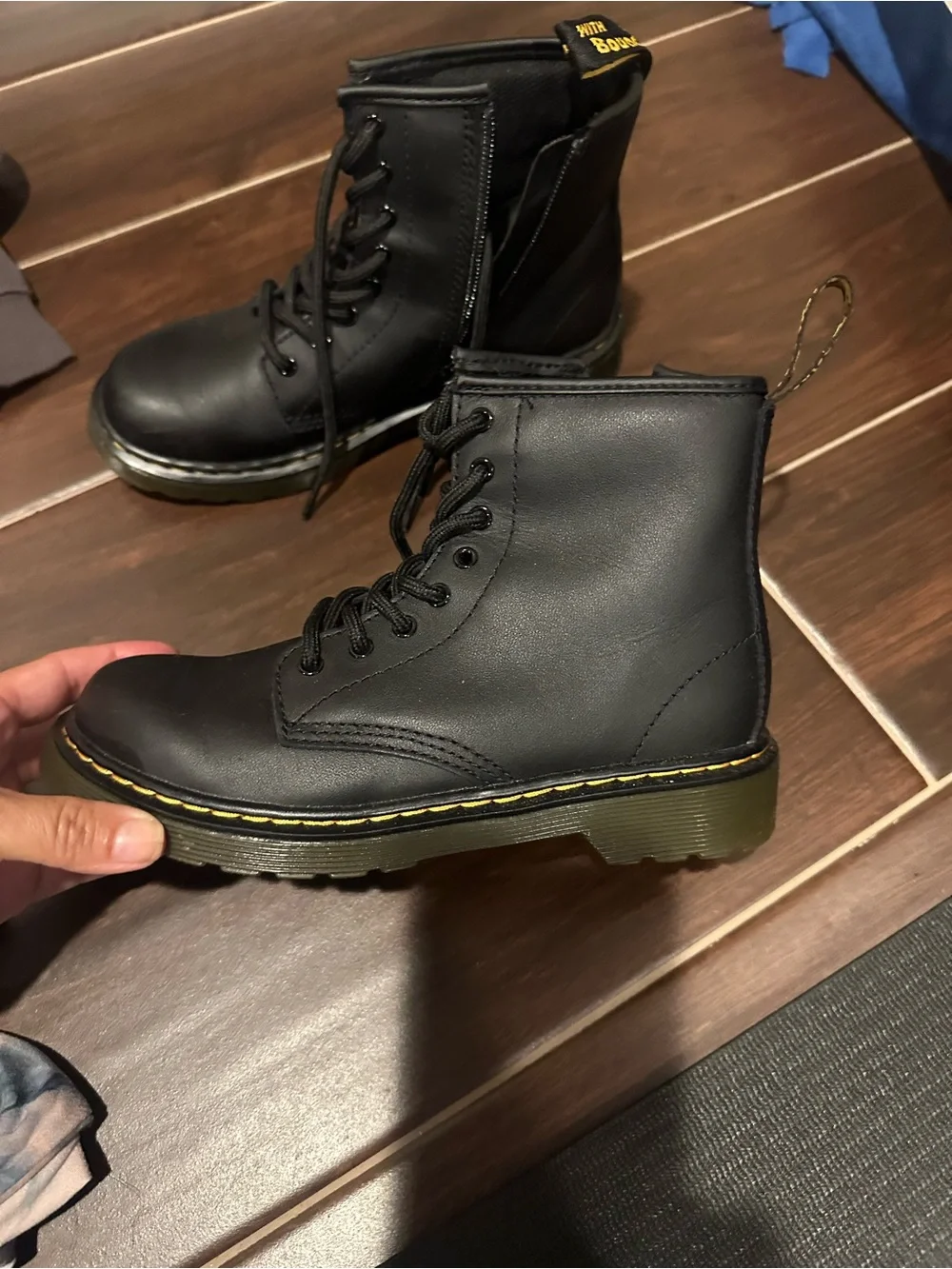 Dr. Martens Kids Black Lace-Up Boots with Yellow Stitching